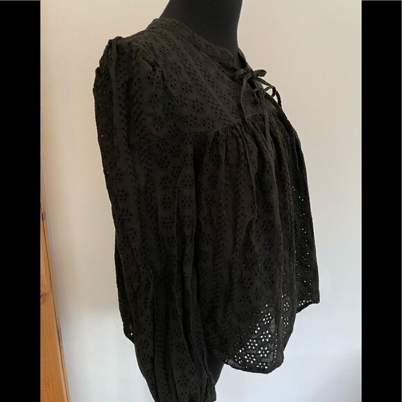 Madewell Small Eyelet Double-Tie Peasant Top Black Long Sleeve Style #K3808 - Picture 6 of 10